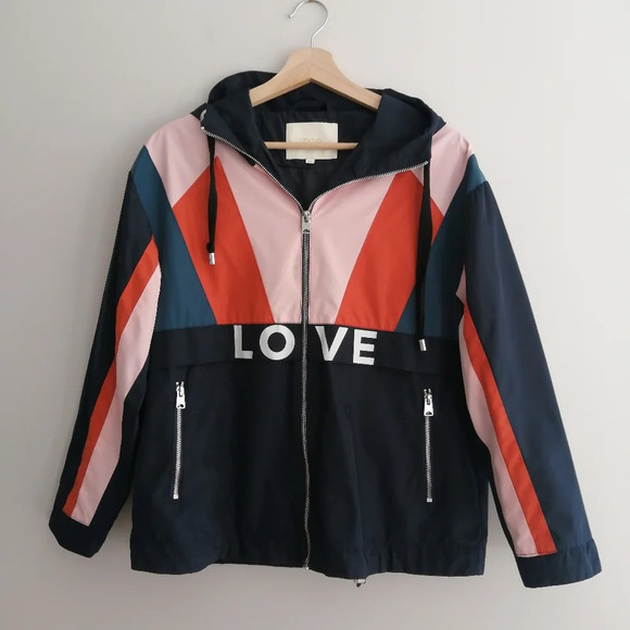 Maje Blima Colour Blocked Love Logo-Print Windproof Navy Zip Jacket 36 or Small - Picture 4 of 16